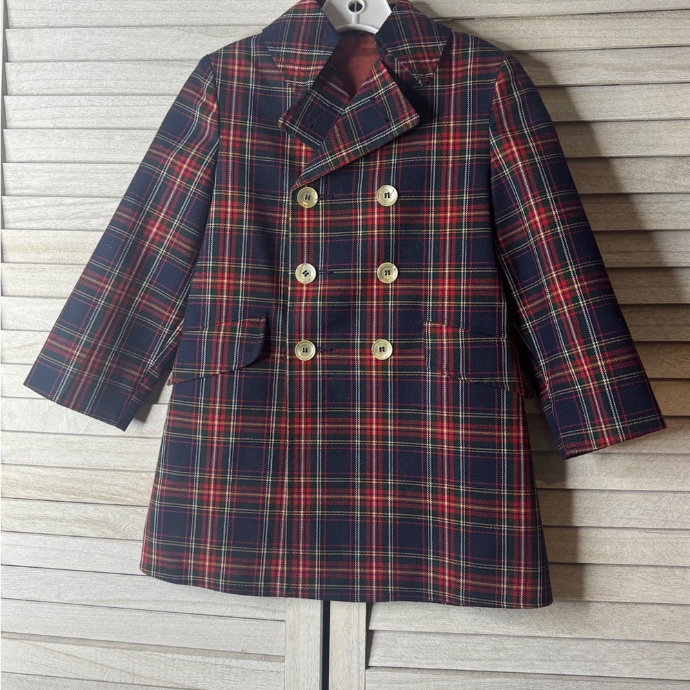 Vintage Whimsey Boys Plaid Pea Coat Double Breasted Navy Red Size 5 Wool Look - Picture 9 of 9